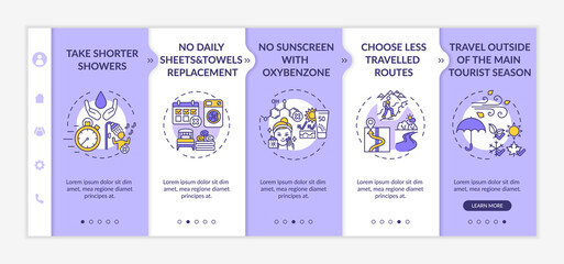 Sustainable tourism ideas onboarding vector template. Responsive mobile website with icons. Web page walkthrough 5 step screens. Take shorter showers color concept with linear illustrations
