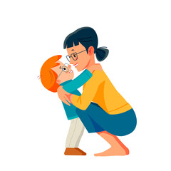 Woman fun with cute child baby boy. Mother, little kid son isolated on white background. Mother Day love family, parenthood childhood concept. Cartoon flat vector design illustration