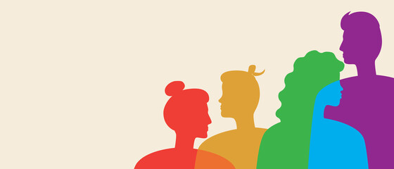LGBTQ + people, copy space template, silhouette vector stock illustration or blank backdrop for design with men and women homosexuals, lesbians