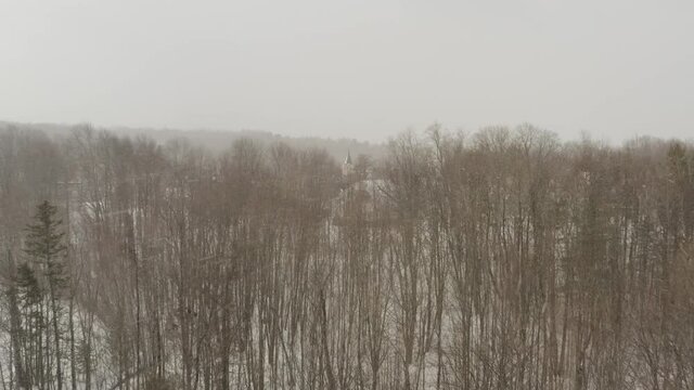 Flying over deciduous trees during winter snowfall 4k aerial 