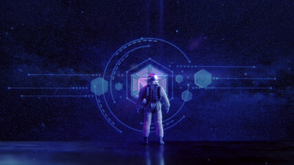 Astronaut in virtual space with abstract navigation display - illumnated by neon lights   Sci-Fi Time & Space Travel Konzept   3D Render Illustration © Jacqueline Weber