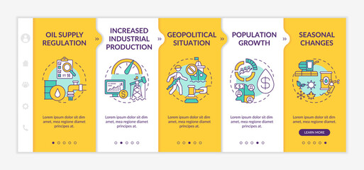Petroleum price aspects onboarding vector template. Responsive mobile website with icons. Web page walkthrough 5 step screens. Regulation, population growth color concept with linear illustrations