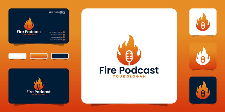 flames with podcast logo design, and business card inspiration