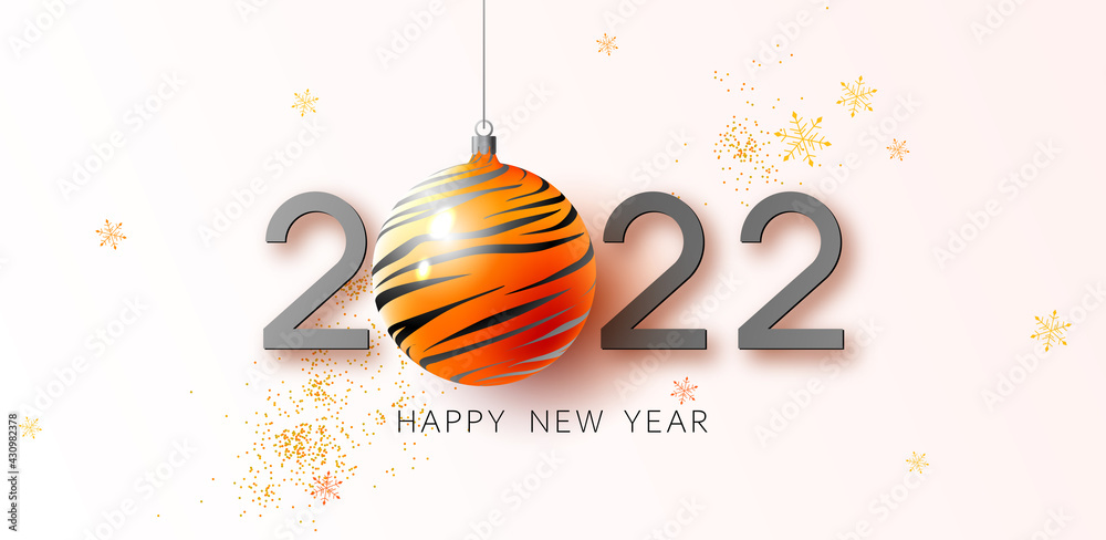 Wall mural 2022 happy new year, merry christmas. christmas tree toy ball with tiger pattern. 2022 year of tiger