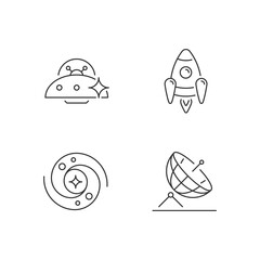 Astronautic linear icons set. Antenna designed to receive information by radio waves. System of stars. Customizable thin line contour symbols. Isolated vector outline illustrations. Editable stroke