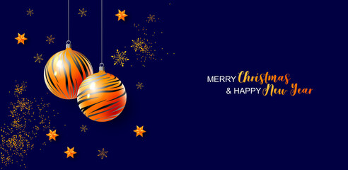 2022 Happy New Year, Merry Christmas. Christmas tree toy ball with tiger pattern. 2022 Year of tiger. Holiday design. Vector illustration for winter holidays. 3D realistic vector illustration. 2022