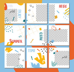 Big editable collage for social media post templates. White background with abstract geometric elements, colorful colored spots, clouds, cell, lines and spots. Vector illustration. Puzzle post