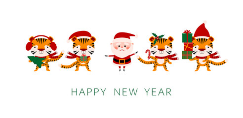 Santa Claus and tigers. Happy New Year. 2022 New Year symbols. Chinese New Year of Tiger 2022. White background