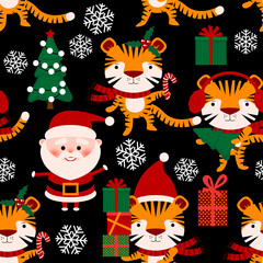 Seamless pattern with Santa Claus, tiger, gift box, Christmas tree, snowflakes, snow. . 2022 seamless holiday background. New year design. 2022 year of the tiger. Seamless pattern