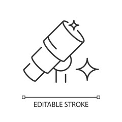 Telescope linear icon. Optical instrument with lenses for astronomer to observe space bodies. Thin line customizable illustration. Contour symbol. Vector isolated outline drawing. Editable stroke