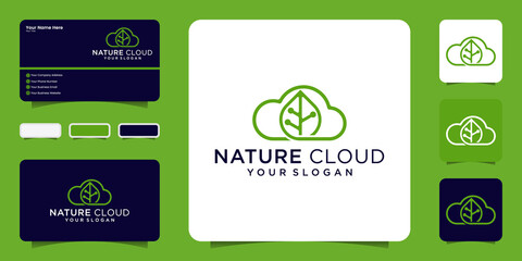 Cloud leaf logo, cloud with leaf creative symbol vector design and business card