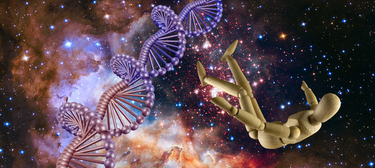  Falling manikin and DNA on the background of the starry sky. Elements of this image furnished by NASA. 3d-image.