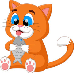 cartoon cute cat eating fish