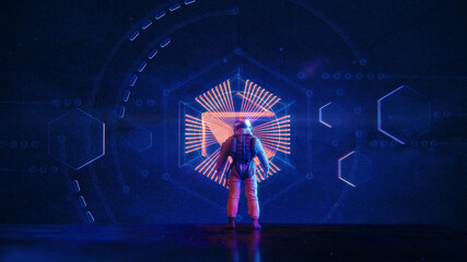 Astronaut in virtual space with abstract navigation display - illumnated by neon lights   Sci-Fi Time & Space Travel Konzept   3D Render Illustration © Jacqueline Weber