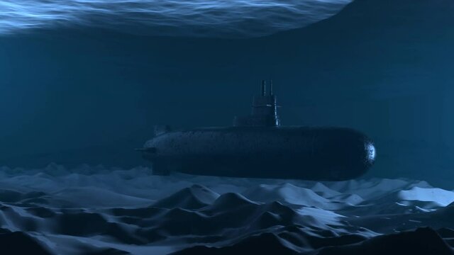 Naval submarine submerge deep underwater near to ocean floor. 3D render