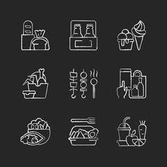 Pickup and delivery option chalk white icons set on black background. Bakery products. Beer. Ice cream. Chicken wings and legs bucket. Shish kebabs. Isolated vector chalkboard illustrations