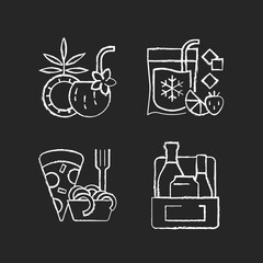 Pickup and delivery option chalk white icons set on black background. Coconut cocktail. Frozen beverage. Pizza and pasta. Alcoholic drinks. Pina colada. Isolated vector chalkboard illustrations