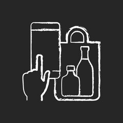 Phone drinks ordering chalk white icon on black background. Click-and-collect option. Delivery from bar, restaurant and pub. Mobile-based ordering system. Isolated vector chalkboard illustration