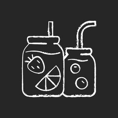 Obraz premium Fruit-infused water bottle chalk white icon on black background. Sliced fruits and vegetables in glass jar. Healthy, refreshing beverage. Chopped-up fruits. Isolated vector chalkboard illustration