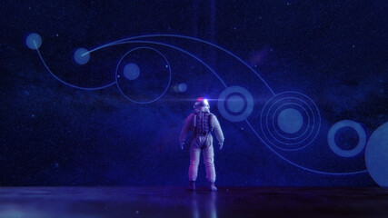 Astronaut in virtual space with abstract navigation display - illumnated by neon lights   Sci-Fi Time & Space Travel Konzept   3D Render Illustration © Jacqueline Weber