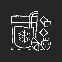 Slushy drinks-to-go chalk white icon on black background. Frozen carbonated beverage. Blended drinks with ice and fruits. Slushie. Strawberry, citrus flavor. Isolated vector chalkboard illustration