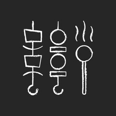 Shish kebabs and meat pops to go chalk white icon on black background. Barbecues. Cooked lamb over open fire. Meat pieces and veggies on bamboo skewers. Isolated vector chalkboard illustration