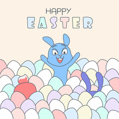 Happy Easter greeting card full of colorful eggs and easter bunnies.
