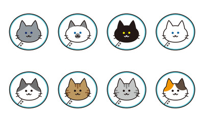 Fototapeta premium エリザベスカラーをつけた様々な猫種の顔アイコンセット