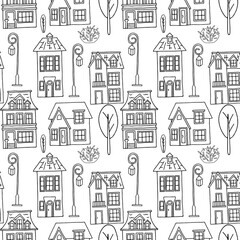 Vector seamless pattern with the image of vintage monochrome houses, street lamps and plants. Design for printing postcards, posters, flyers