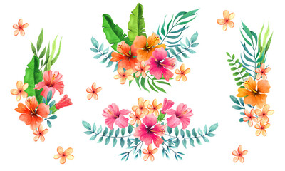 Set of tropical flowers bouquets isolated on white background. Hand drawn watercolour elements. 