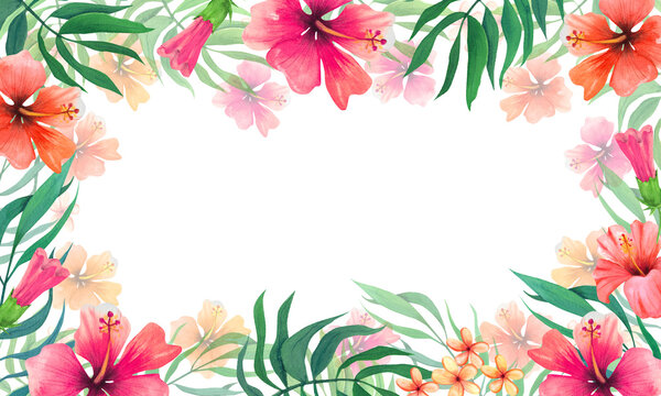 Tropical flowers and leaves background. Hand drawn watercolour elements.