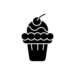 Soft serve black glyph icon. Soft ice in waffle bowl. Sweet creamy dessert with cherry on top. Smooth semisolid ice cream. Silhouette symbol on white space. Vector isolated illustration