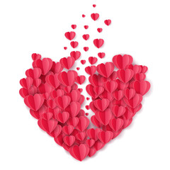 Lots of paper hearts make up hearts but they are breaking, Broken love concept, Paper art and digital craft style