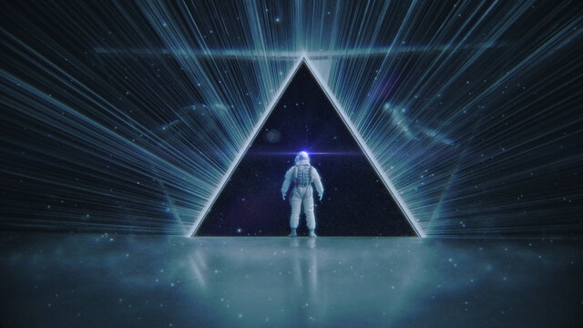 NEON LIGHT PYRAMID & ASTRONAUT ::: futuristic abstract cosmic space triangle | mystery universe concept in a retro glowing synthwave style | 3D Render Illustration 8K