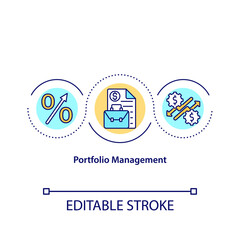 Naklejka premium Portfolio management concept icon. Increasing amout of financial assets. Earning money with investing idea thin line illustration. Vector isolated outline RGB color drawing. Editable stroke