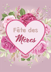 carte ou bandeau sur La Fête des mères en rose clair et foncé dans un coeur rose avec un bouquet de rose derrière sur un fond vieux rose