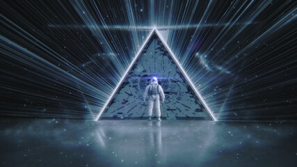 "Questions to ALL SEEING EYE / Eye of Providence" with Glitch-Effect + ASTRONAUT ::: Abstract Concept of Freemason Symbol | 3D Render Illustration 8K