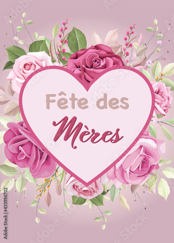 Carte Ou Bandeau Sur La Fete Des Meres En Rose Clair Et Fonce Dans Un Coeur Rose Avec Un Bouquet De Rose Derriere Sur Un Fond Vieux Rose Wall Mural Emmanuel