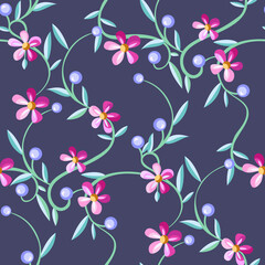 Flowers with Berries. Floral Seamless Pattern.