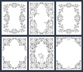 Six ornamental old frames. Antique and vintage style. Floral and birds illustration. Vector Illustration