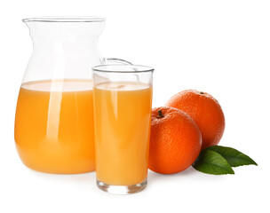 Orange juice, fresh fruits and green leaves on white background