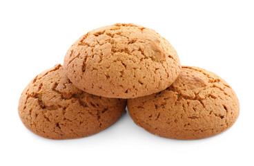 Fresh delicious oatmeal cookies on white background