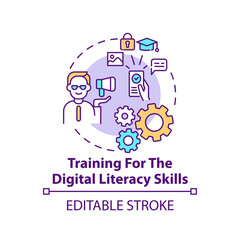 Training for the digital literacy skills concept icon. Navigating social media cyberspace. Digital inclusion idea thin line illustration. Vector isolated outline RGB color drawing. Editable stroke