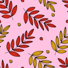 Colorful floral abstract pattern with simple colorful flowers, leaves, branches. Vector seamless print on color background