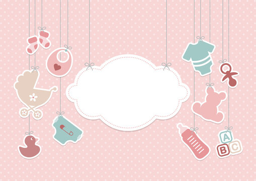 Karte Hängende Babysymbole Mädchen Mit Wolke Punkte Rosa Mintgrün
