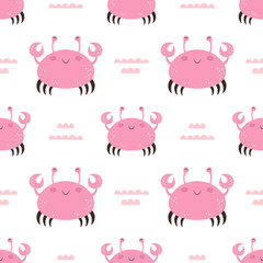 seamless pattern with cartoon crab on white