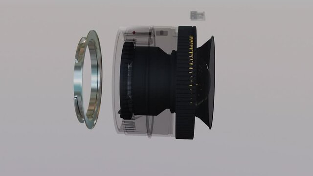 Presentation of DSLR camera lens. 50mm F1.4. Cross-section and lens parts. Realistic 3D render