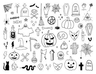 Vector set of Halloween doodle hand drawn elements. Pumpkins, skulls, bones, cemetery, crosses, magic, witch hat, bats, spider web, ghosts, black cat isolated on whire background. - obrazy, fototapety, plakaty