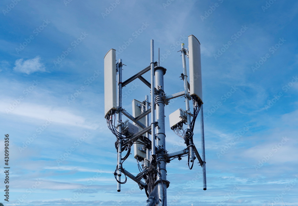 Wall mural telecommunication tower of 4g and 5g cellular. macro base station. 5g radio network telecommunicatio