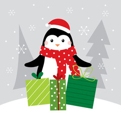 cute christmas card with penguin and christmas gift design